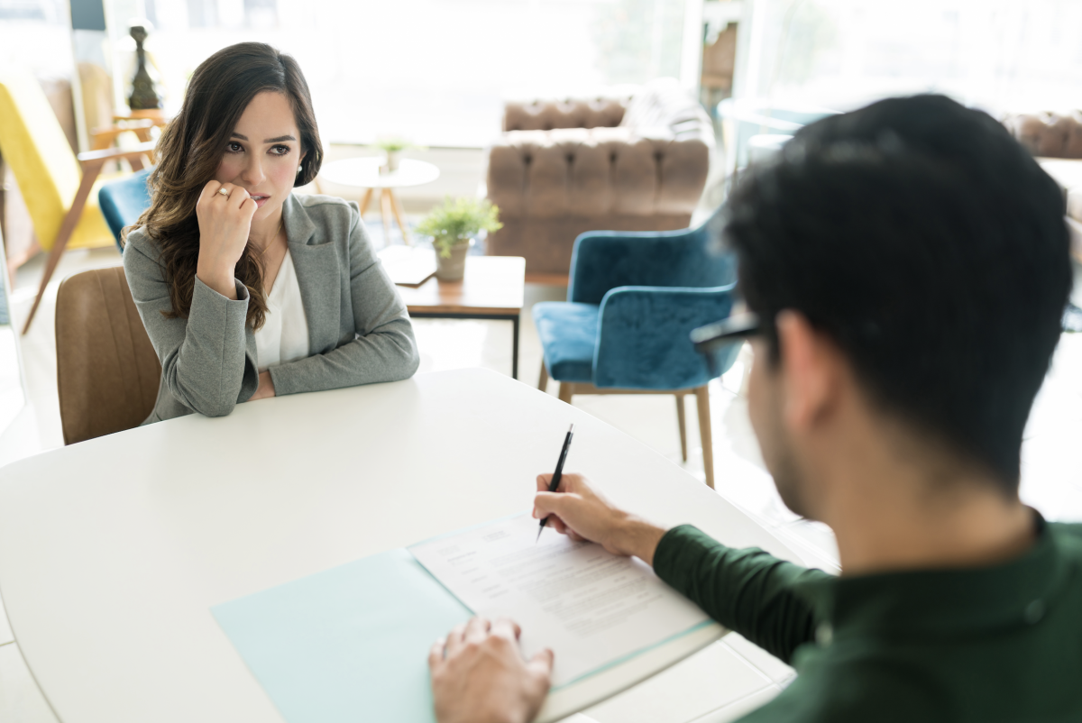 Girl looking nervous in an interview.